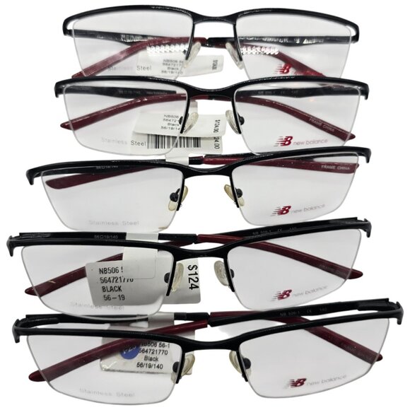 Lot Of 5 New Balance Stainless Steel Black & Red Eyeglass Frames - Picture 1 of 1